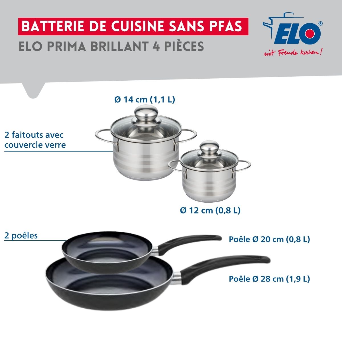 Ensemble de 2 Poêles de cuisson 20 et 28 cm et 2 faitouts 12 et 14 cm  Prima Brillant Elo - Mathon - 2