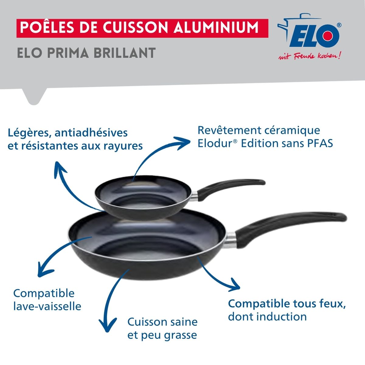 Ensemble de 2 Poêles de cuisson 20 et 32 cm et 2 faitouts 14 et 20 cm  Prima Brillant Elo - Mathon - 4