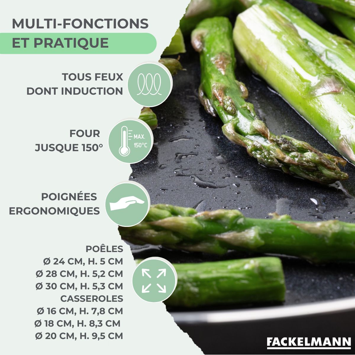 Ensemble de 3 poêles de 24, 28 et 30 cm et 3 casseroles 16, 18 et 20 cm  Brandao Fackelmann - Mathon - 3