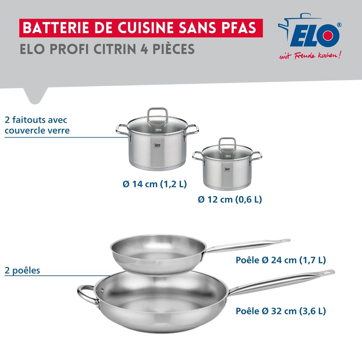 Ensemble de 2 Poêles de cuisson 24 et 32 cm et 2 faitouts 12 et 14 cm  Profi Citrin Elo - Mathon - 2