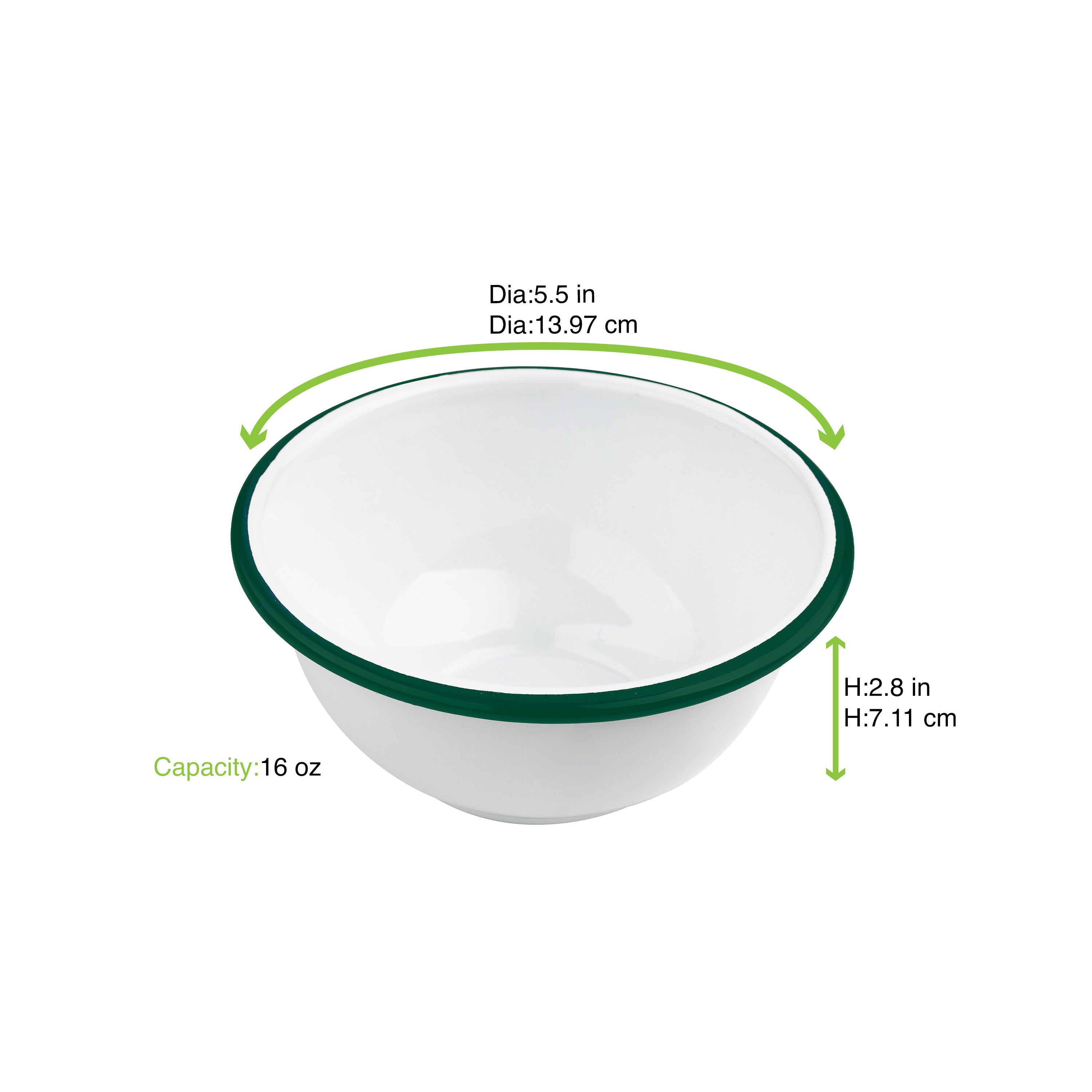 12Pcs - Bol Enamel blanc en acier émaillé  à bord vert   H70mm 470ml FirstPack - Mathon