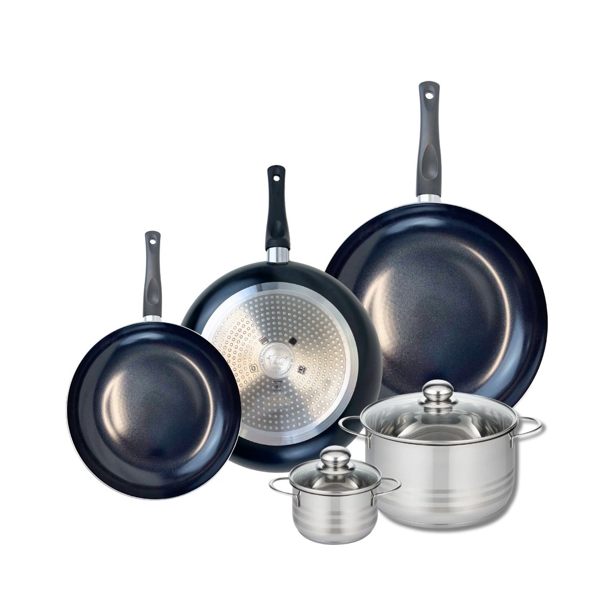 Ensemble de 3 Poêles de cuisson 24, 28 et 32 cm et 2 faitouts 12 et 20 cm  Prima Brillant Elo - Mathon - 1
