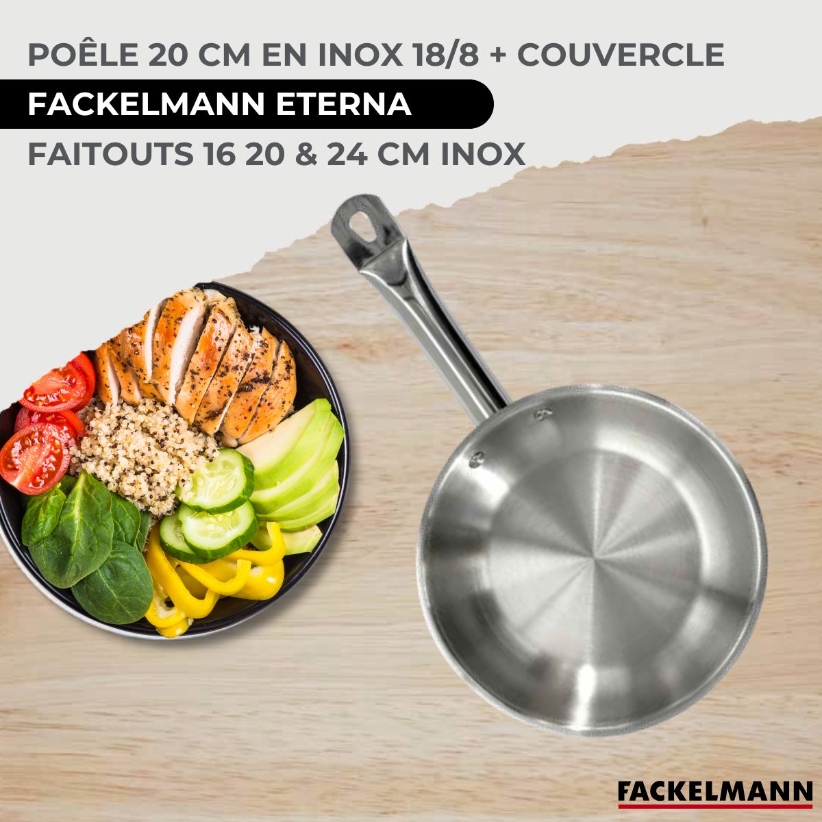 Set 1 poêle 20 cm en inox et couvercle, 3 faitouts inox 16, 20 et 24 cm et 6 ustensiles inox  Eterna Fackelmann - Mathon - 2