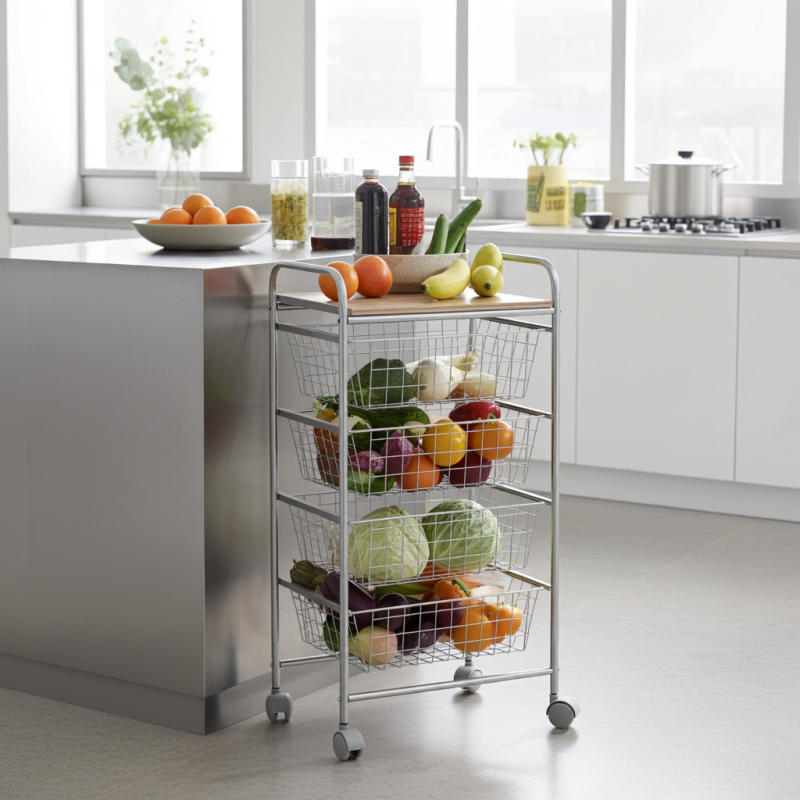 Desserte de cuisine, 4 paniers, plan de travail couleur bouleau texturé avec effet latté, nora Don Hierro - Mathon - 2