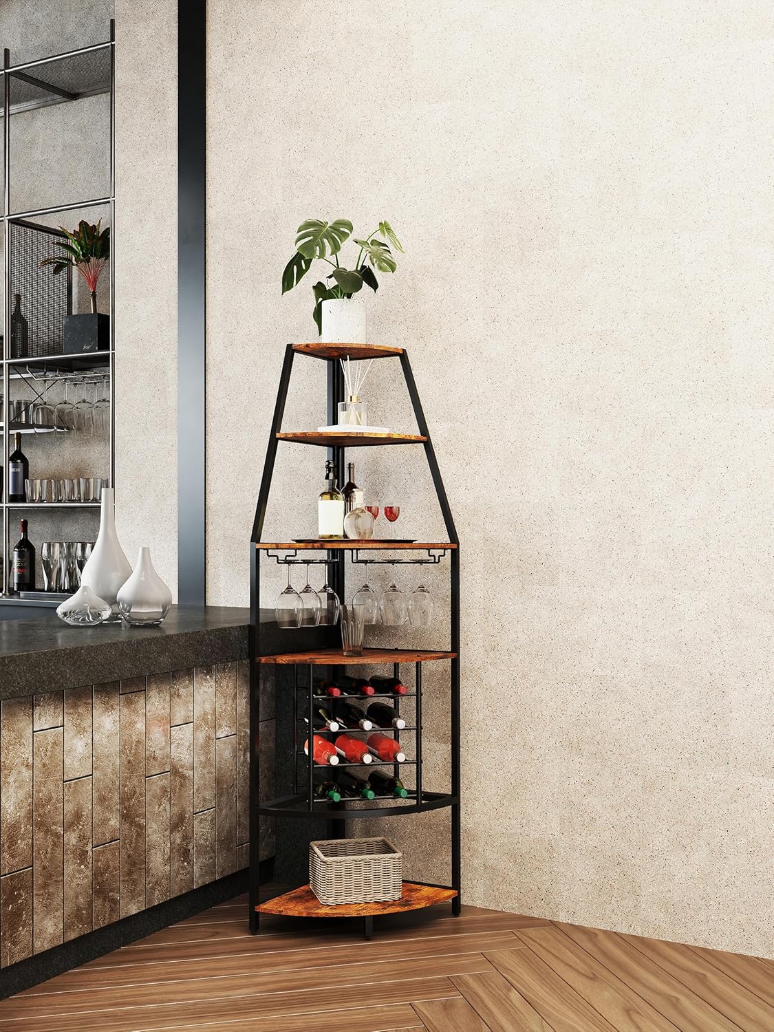 Casier à vin d’angle 6 niveaux métal et bois avec porte-verres Vendos85 - Mathon