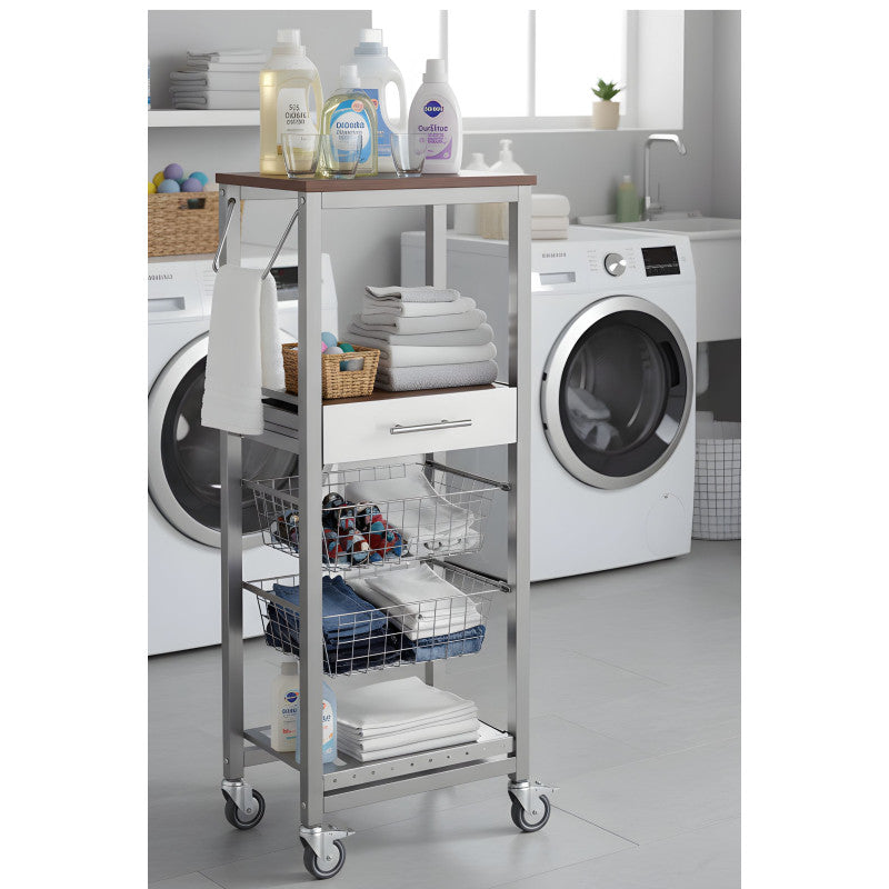 Desserte de cuisine onda alto – meuble métallique finition aluminium avec 2 paniers, tiroir, porte-bouteilles Don Hierro - Mathon - 7
