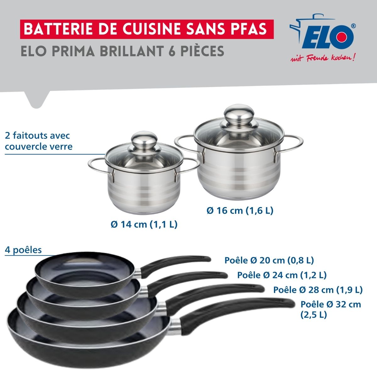 Ensemble de 4 Poêles de cuisson 20, 24, 28 et 32 cm et 2 faitouts 14 et 16 cm  Prima Brillant Elo - Mathon - 2
