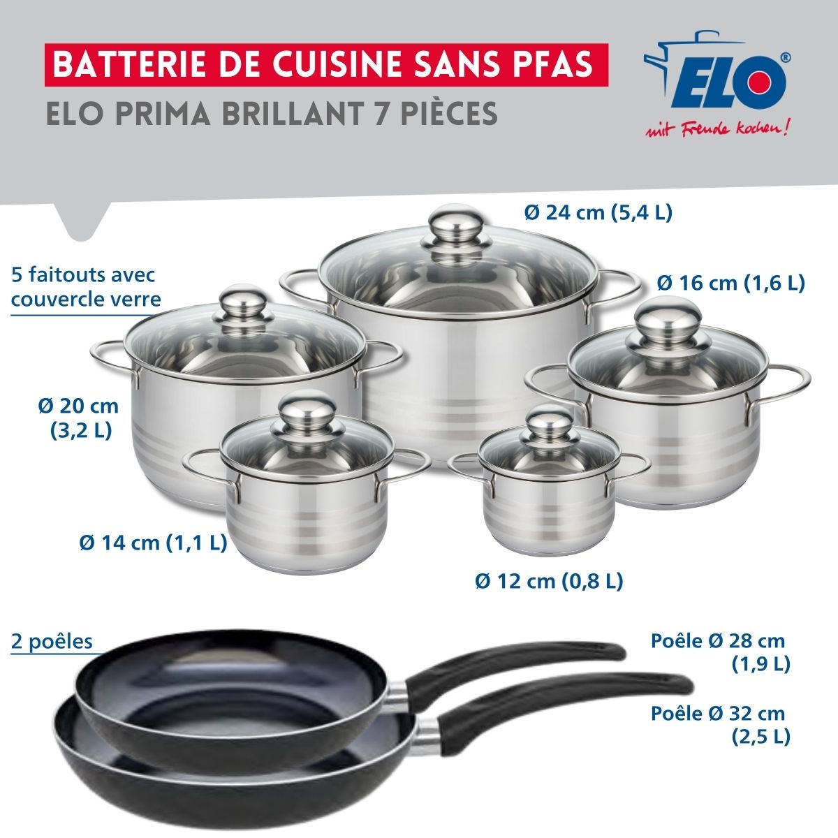 Ensemble de 2 Poêles de cuisson 28 et 32 cm et 5 faitouts 12, 14, 16, 20 et 24 cm  Prima Brillant Elo - Mathon - 2