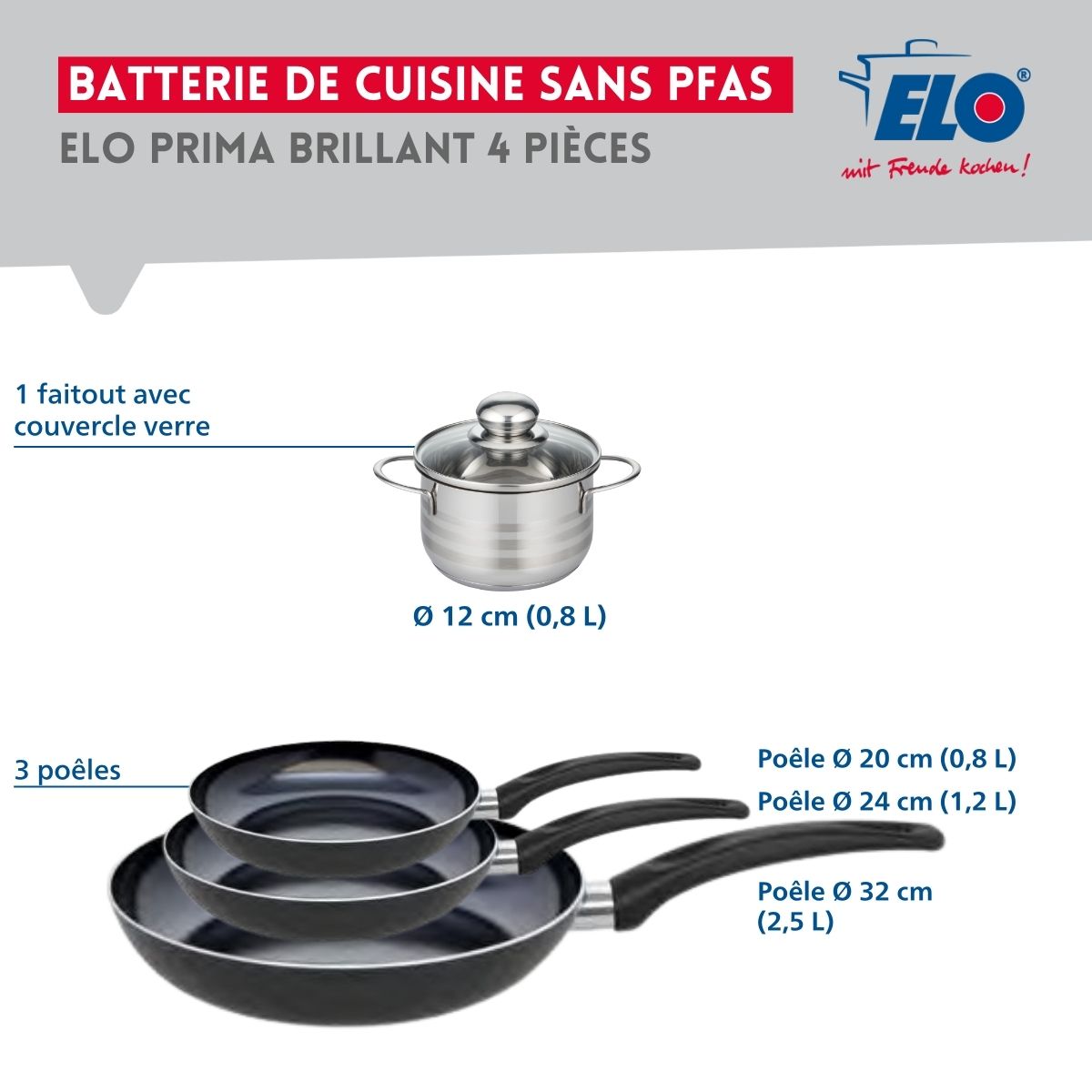 Ensemble de 3 Poêles de cuisson 20, 24 et 32 cm et 1 faitout 12 cm  Prima Brillant Elo - Mathon - 2