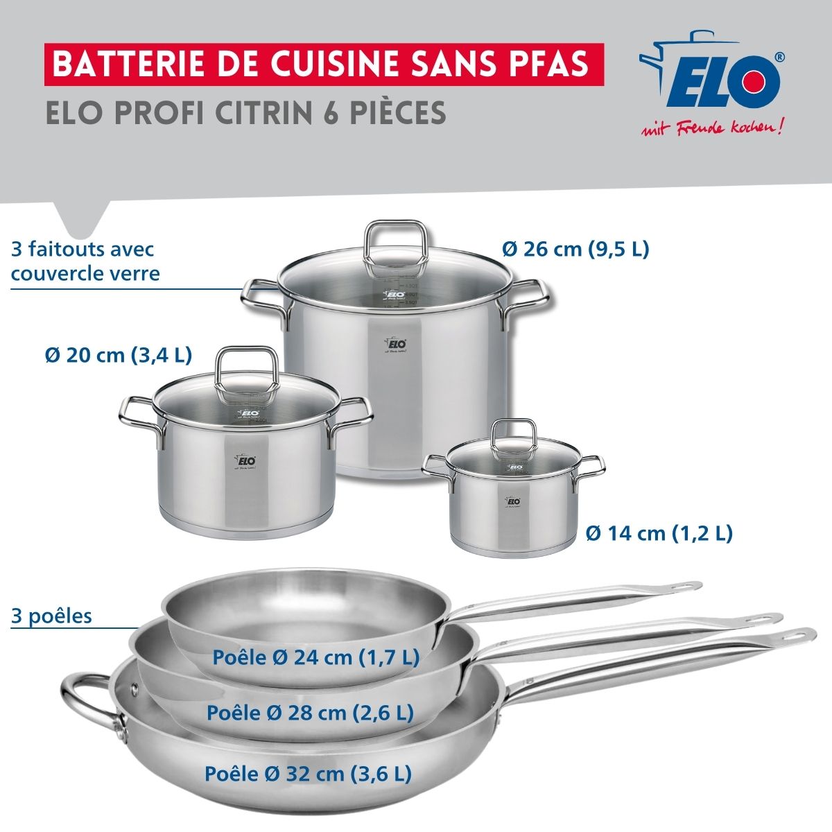 Ensemble de 3 Poêles de cuisson 24, 28 et 32 cm et 3 faitouts 14, 20 et 26 cm  Profi Citrin Elo - Mathon - 2