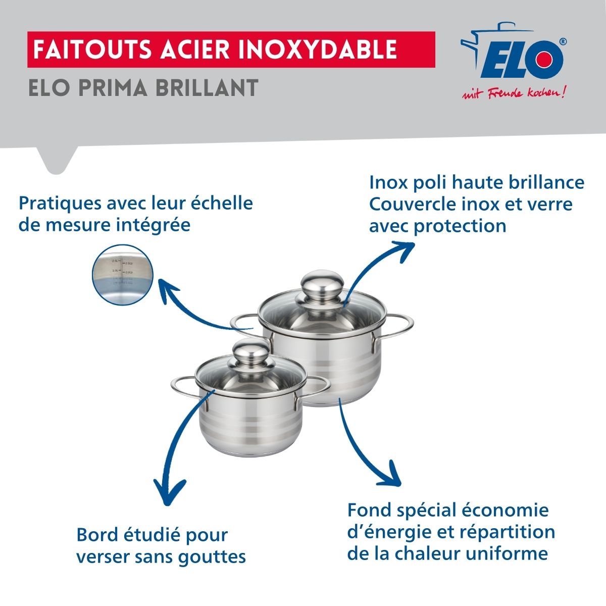 Ensemble de 2 Poêles de cuisson 20 et 24 cm et 2 faitouts 14 et 16 cm  Prima Brillant Elo - Mathon - 3