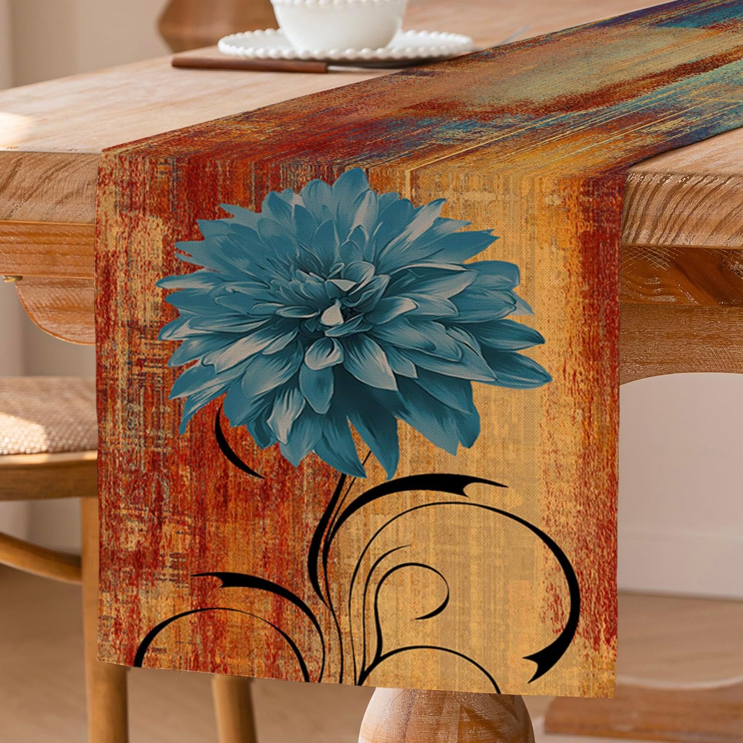 Chemin de table en lin épais 33×183 cm orange/bleu Vendos85 - Mathon