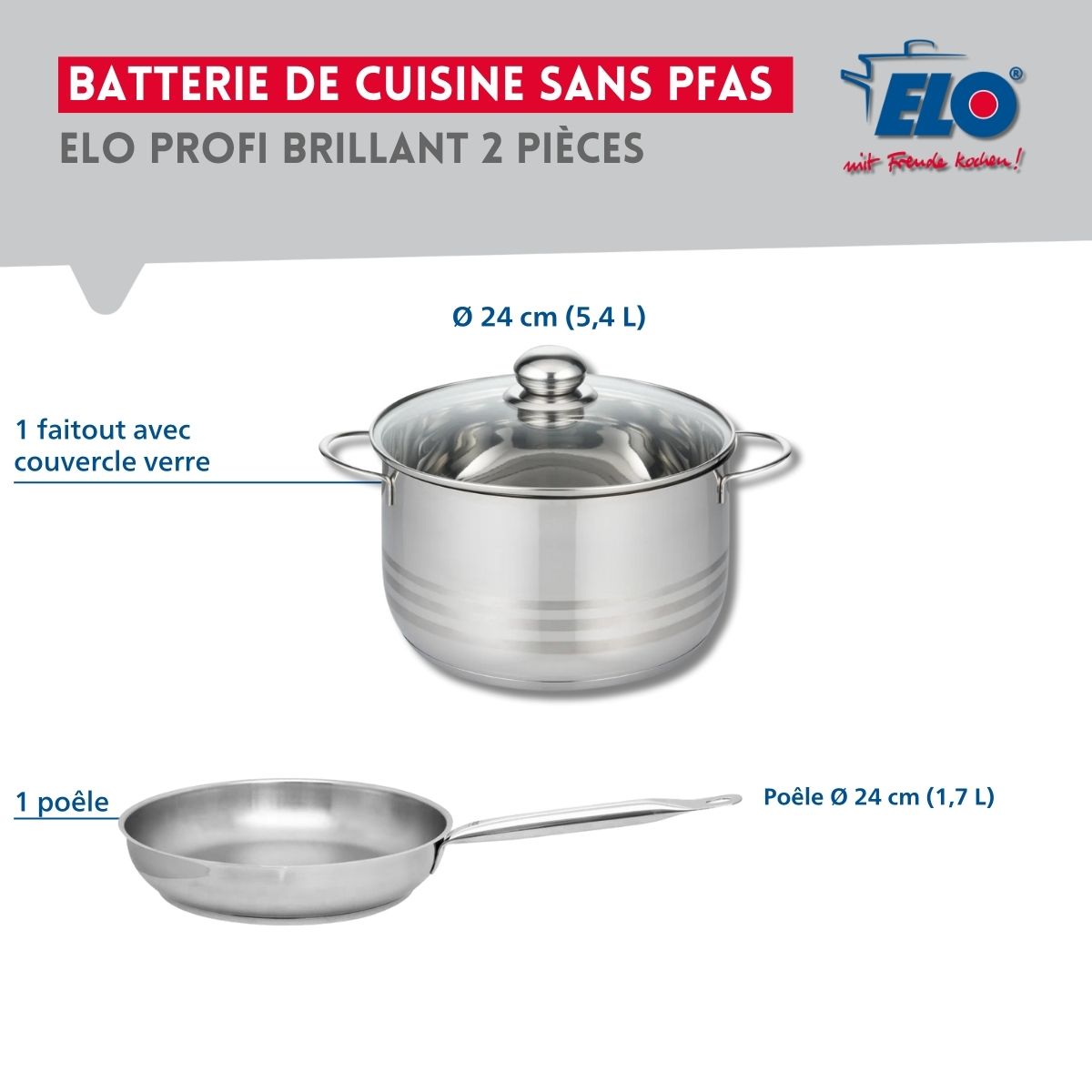 Ensemble de 1 Poêle de cuisson 24 cm et 1 faitout 24 cm  Profi Brillant Elo - Mathon - 2