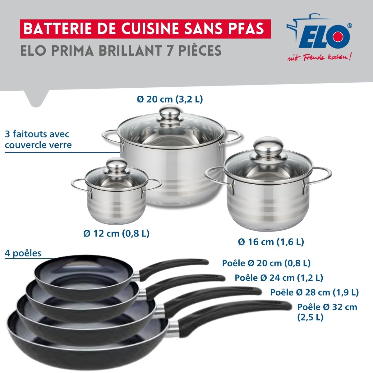 Ensemble de 4 Poêles de cuisson 20, 24, 28 et 32 cm et 3 faitouts 12, 16 et 20 cm  Prima Brillant Elo - Mathon - 2