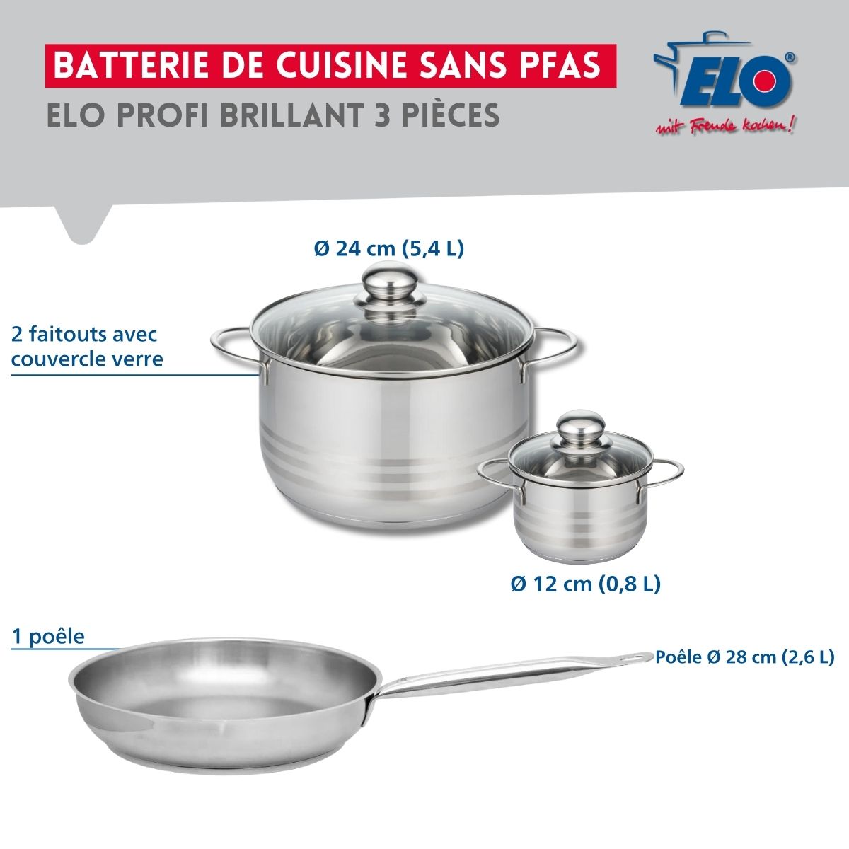 Ensemble de 1 Poêle de cuisson 28 cm et 2 faitouts 12 et 24 cm  Profi Brillant Elo - Mathon - 2