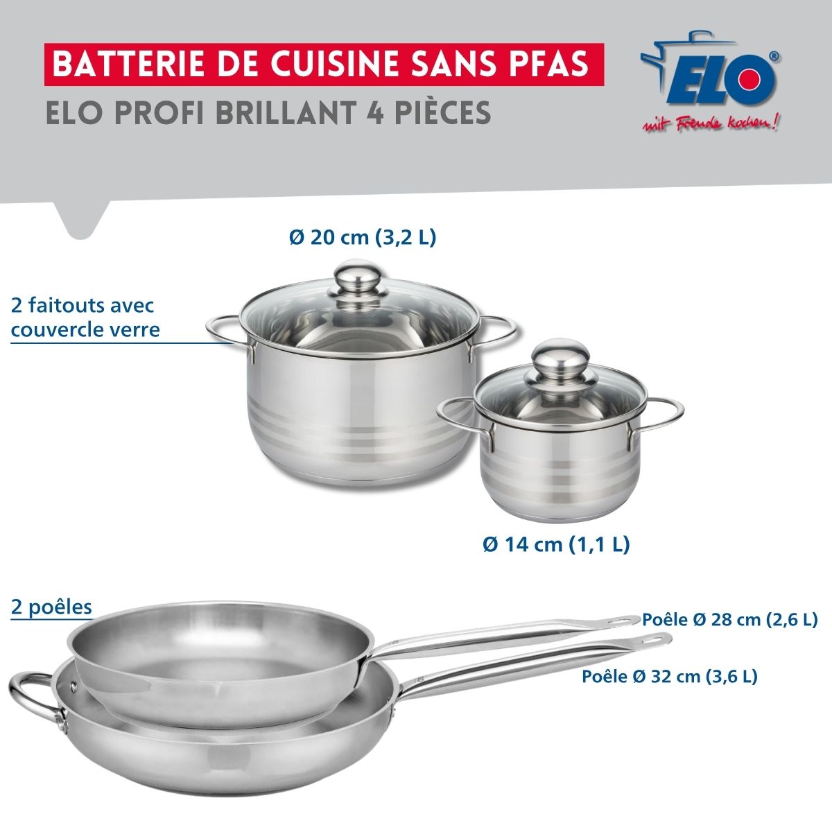 Ensemble de 2 Poêles de cuisson 28 et 32 cm et 2 faitouts 14 et 20 cm  Profi Brillant Elo - Mathon - 2