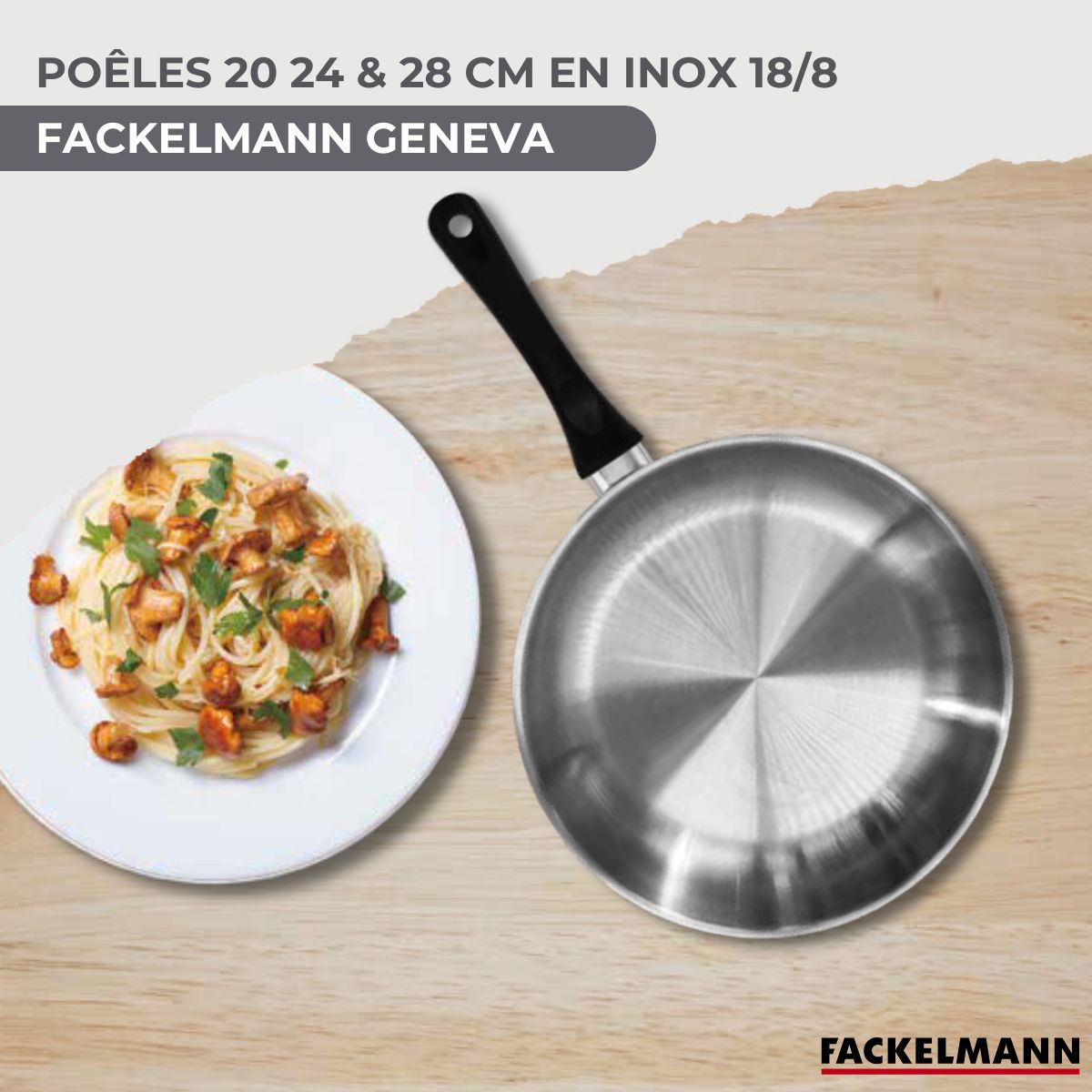 Set 3 poêles 20 24 et 28 cm en inox et 6 ustensiles inox  Geneva Fackelmann - Mathon - 2