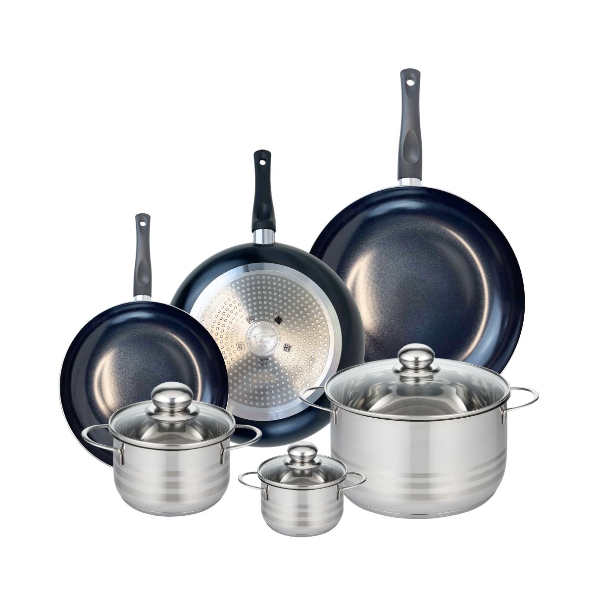 Ensemble de 3 Poêles de cuisson 24, 28 et 32 cm et 3 faitouts 12, 16 et 24 cm  Prima Brillant Elo - Mathon - 1