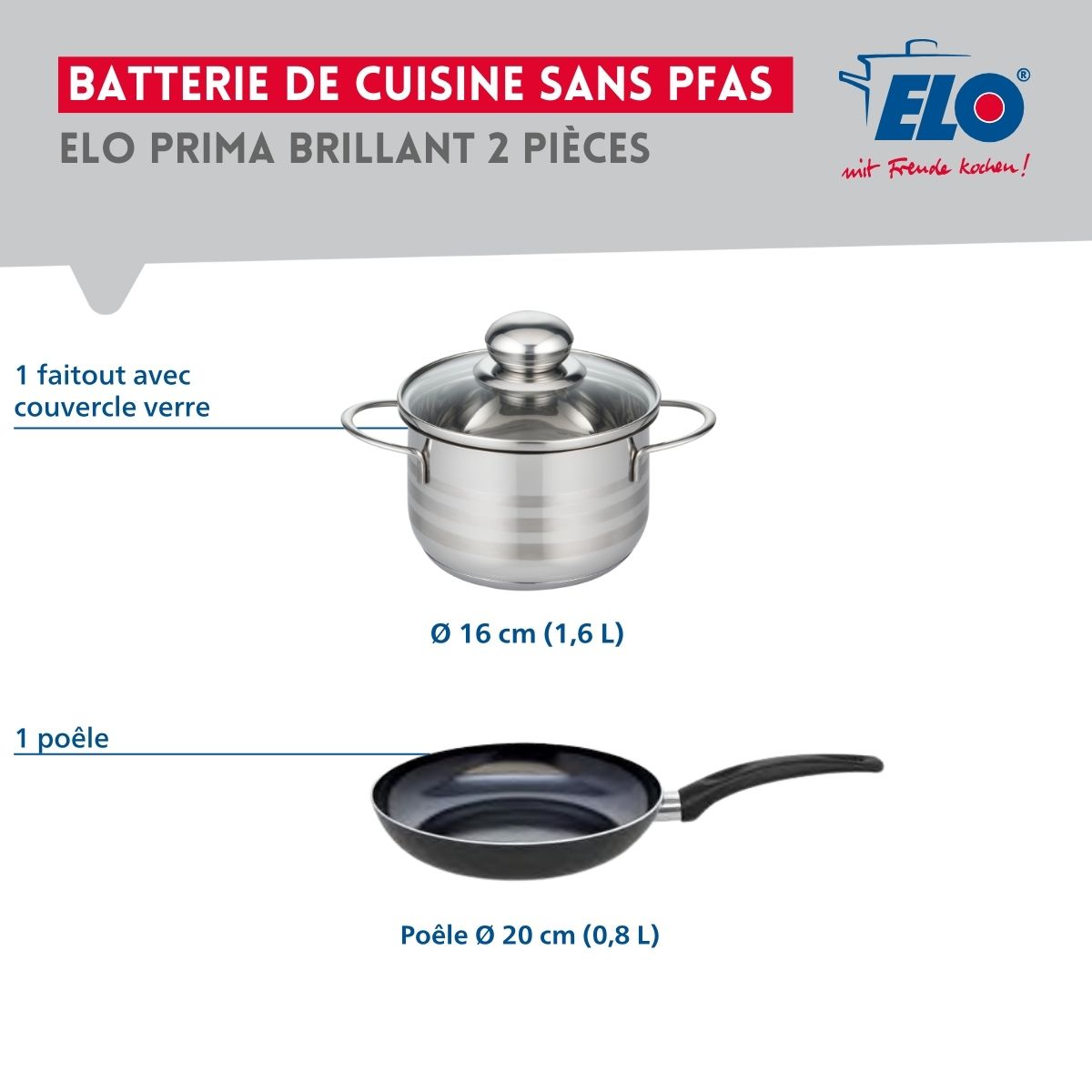 Ensemble de 1 Poêle de cuisson 20 cm et 1 faitout 16 cm  Prima Brillant Elo - Mathon - 2