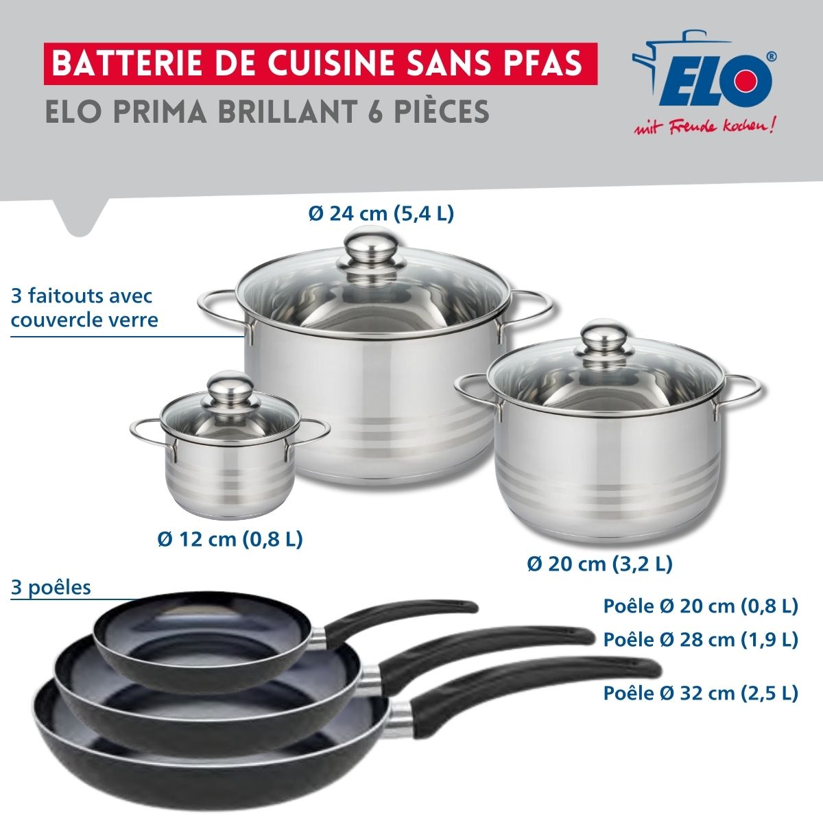 Ensemble de 3 Poêles de cuisson 20, 28 et 32 cm et 3 faitouts 12, 20 et 24 cm  Prima Brillant Elo - Mathon - 2