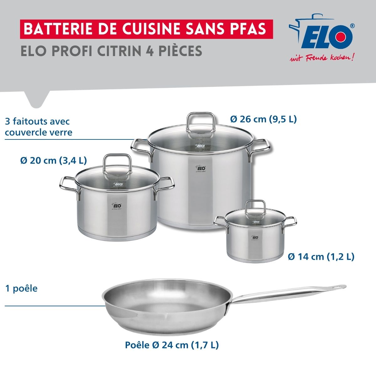 Ensemble de 1 Poêle de cuisson 24 cm et 3 faitouts 14, 20 et 26 cm  Profi Citrin Elo - Mathon - 2