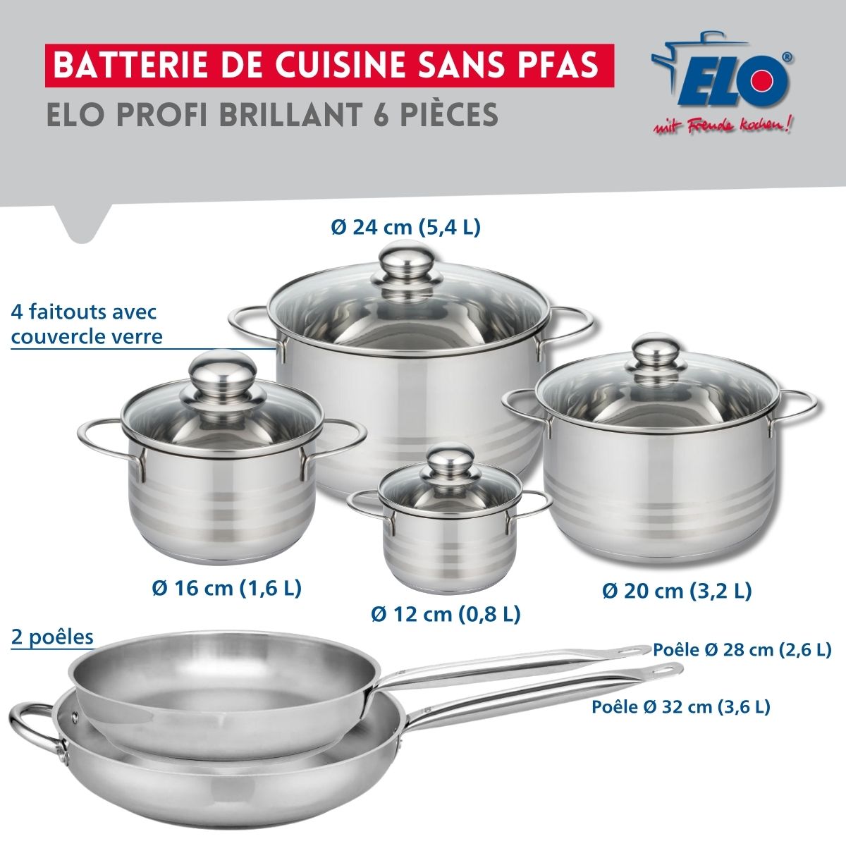 Ensemble de 2 Poêles de cuisson 28 et 32 cm et 4 faitouts 12, 16, 20 et 24 cm  Profi Brillant Elo - Mathon - 2