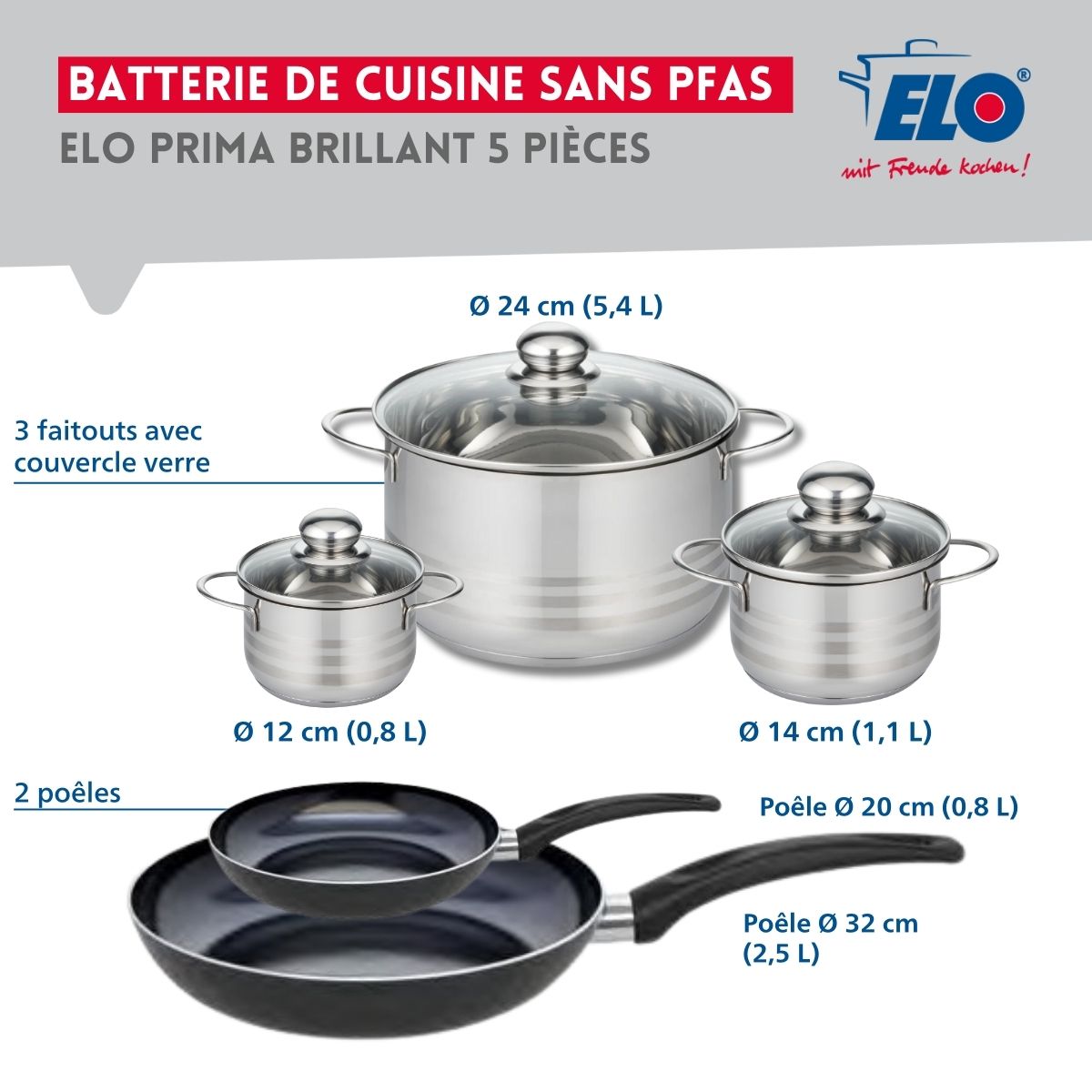 Ensemble de 2 Poêles de cuisson 20 et 32 cm et 3 faitouts 12, 14 et 24 cm  Prima Brillant Elo - Mathon - 2