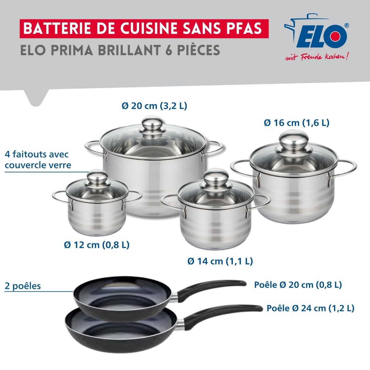 Ensemble de 2 Poêles de cuisson 20 et 24 cm et 4 faitouts 12, 14, 16 et 20 cm  Prima Brillant Elo - Mathon - 2