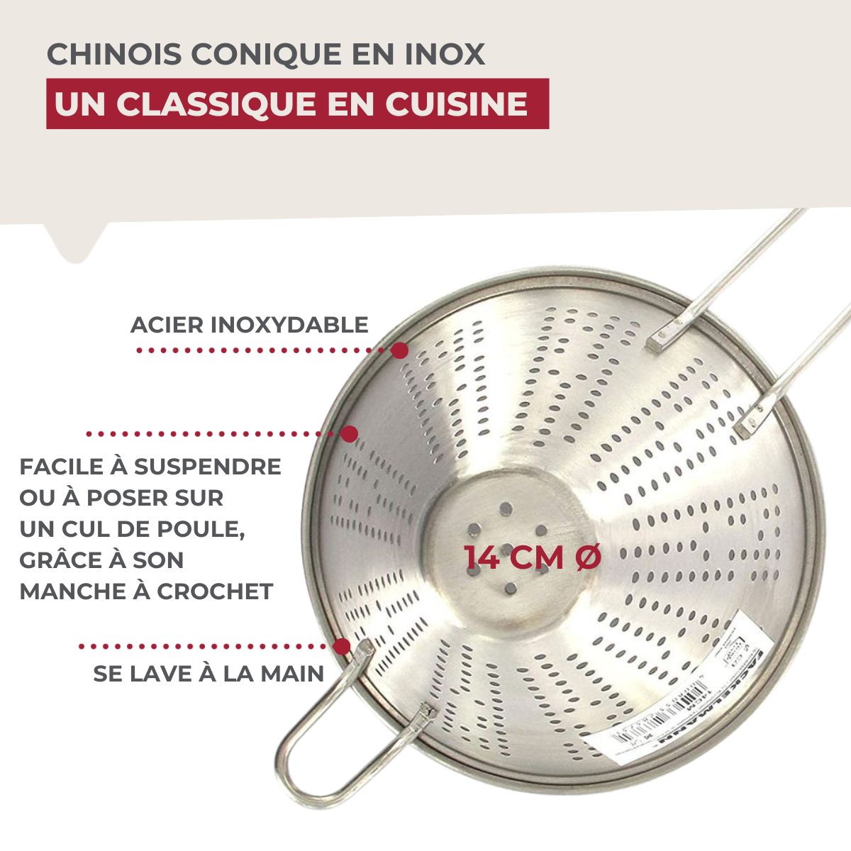 Chinois conique 14 cm de diamètre en inox Fackelmann - Mathon - 3