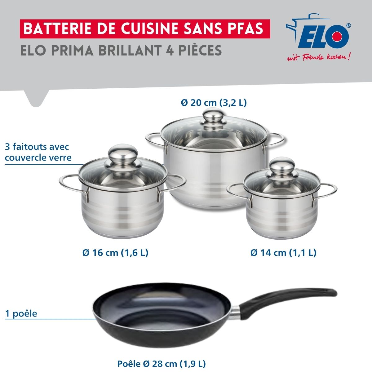 Ensemble de 1 Poêle de cuisson 28 cm et 3 faitouts 14, 16 et 20 cm  Prima Brillant Elo - Mathon - 6