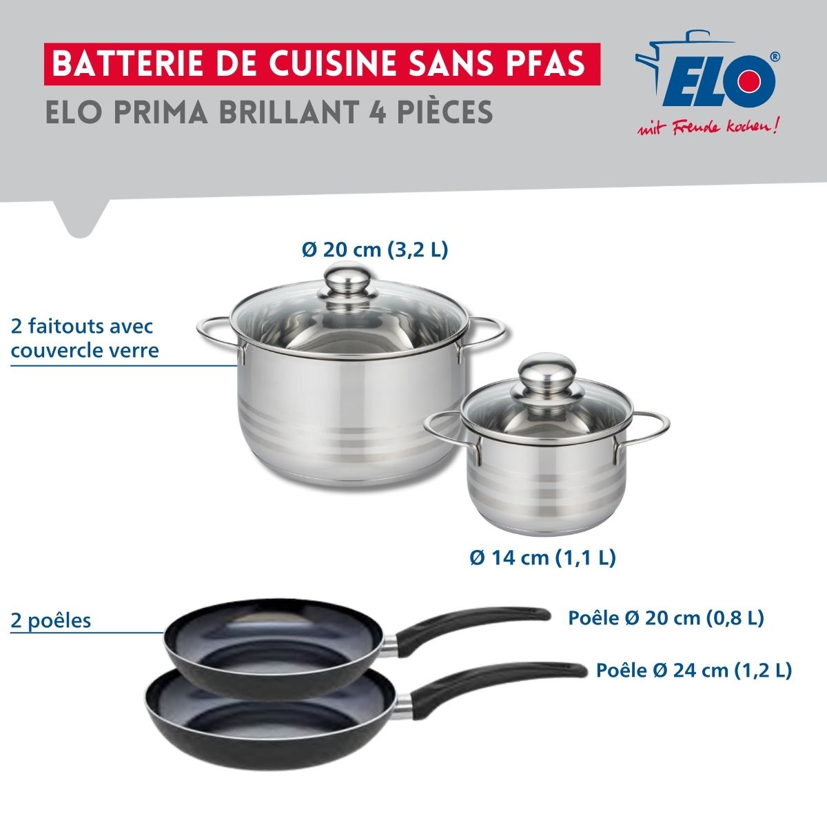 Ensemble de 2 Poêles de cuisson 20 et 24 cm et 2 faitouts 14 et 20 cm  Prima Brillant Elo - Mathon - 2