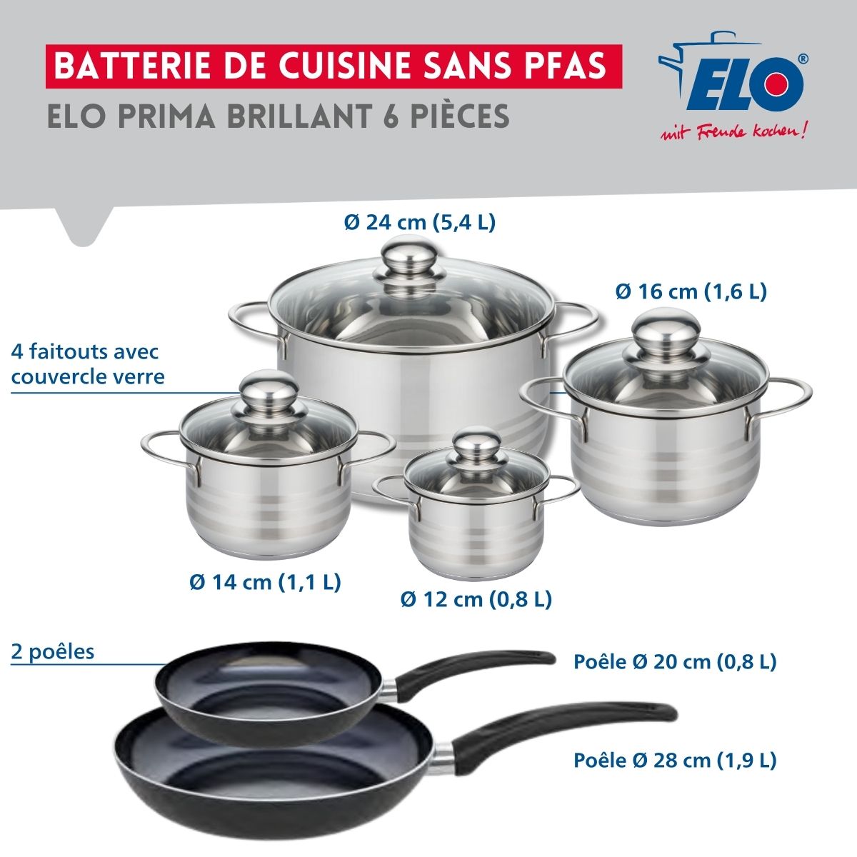Ensemble de 2 Poêles de cuisson 20 et 28 cm et 4 faitouts 12, 14, 16 et 24 cm  Prima Brillant Elo - Mathon - 2