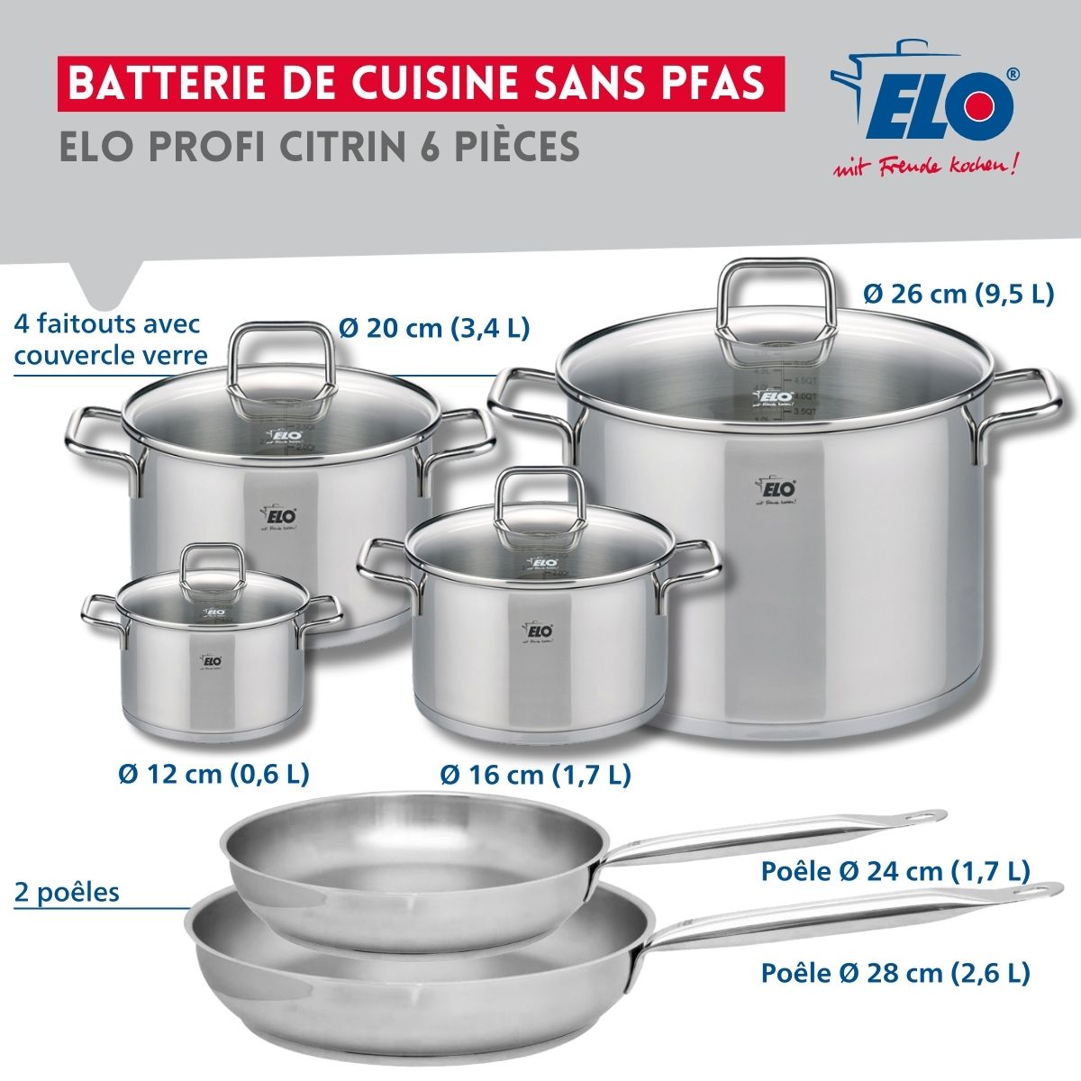 Ensemble de 2 Poêles de cuisson 24 et 28 cm et 4 faitouts 12, 16, 20 et 26 cm  Profi Citrin Elo - Mathon - 2