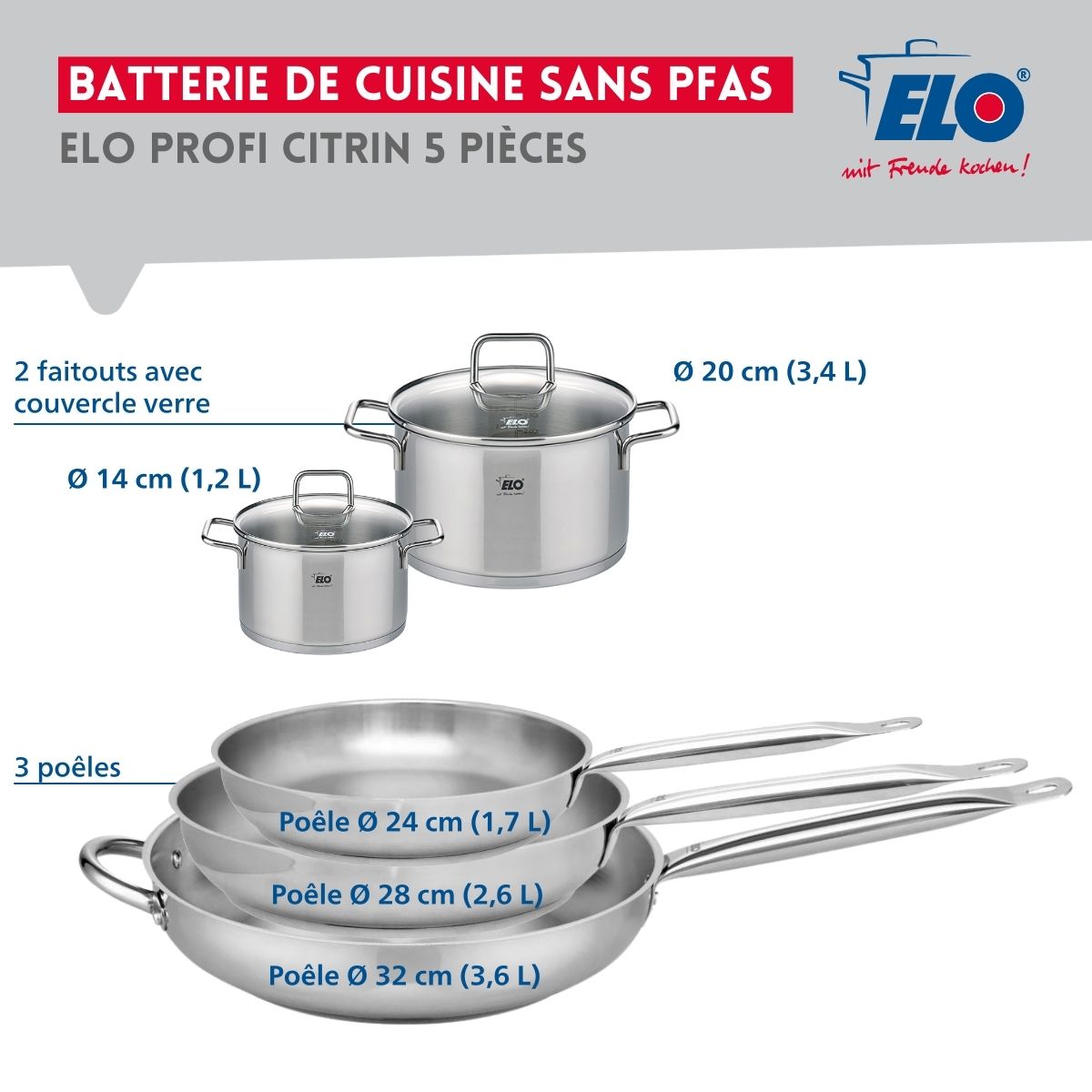Ensemble de 3 Poêles de cuisson 24, 28 et 32 cm et 2 faitouts 14 et 20 cm  Profi Citrin Elo - Mathon - 2