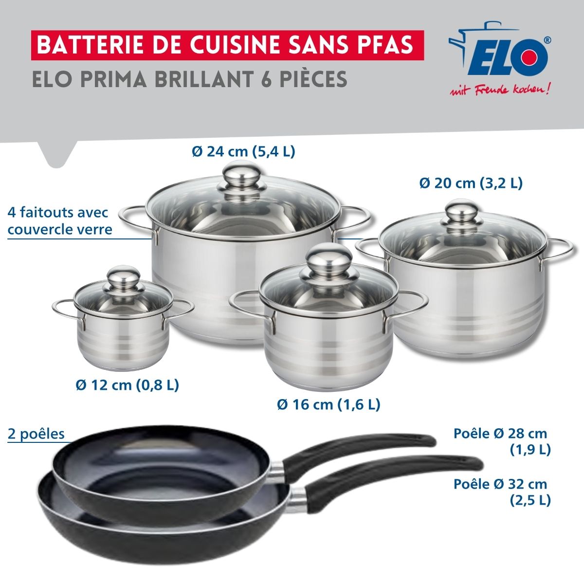 Ensemble de 2 Poêles de cuisson 28 et 32 cm et 4 faitouts 12, 16, 20 et 24 cm  Prima Brillant Elo - Mathon - 2