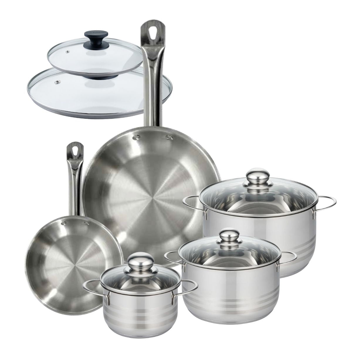 Set 2 poêles 20 28 cm en inox et 2 couvercles verre, 3 faitouts inox 16, 20 et 24 cm  Eterna Fackelmann - Mathon - 1