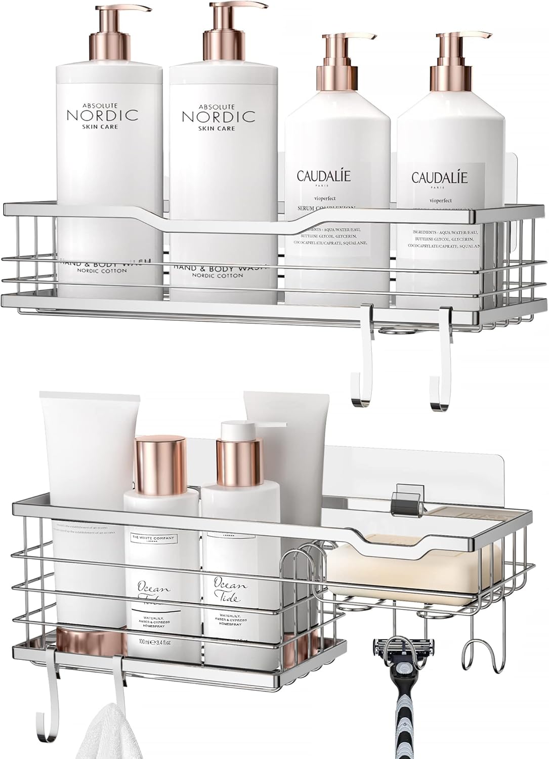 2 étagères de douche sans perçage 6 crochets gris Vendos85 - Mathon