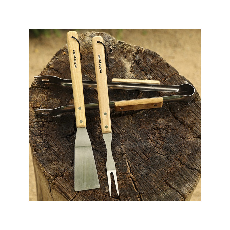 Set 3 Accessoires Manche Bois & Inox : Spatule, Pince, Fourchette Cook In Garden - Ac500 Cook