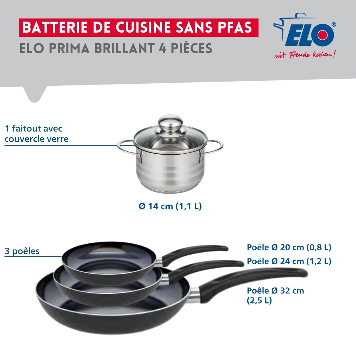 Ensemble de 3 Poêles de cuisson 20, 24 et 32 cm et 1 faitout 14 cm  Prima Brillant Elo - Mathon - 2