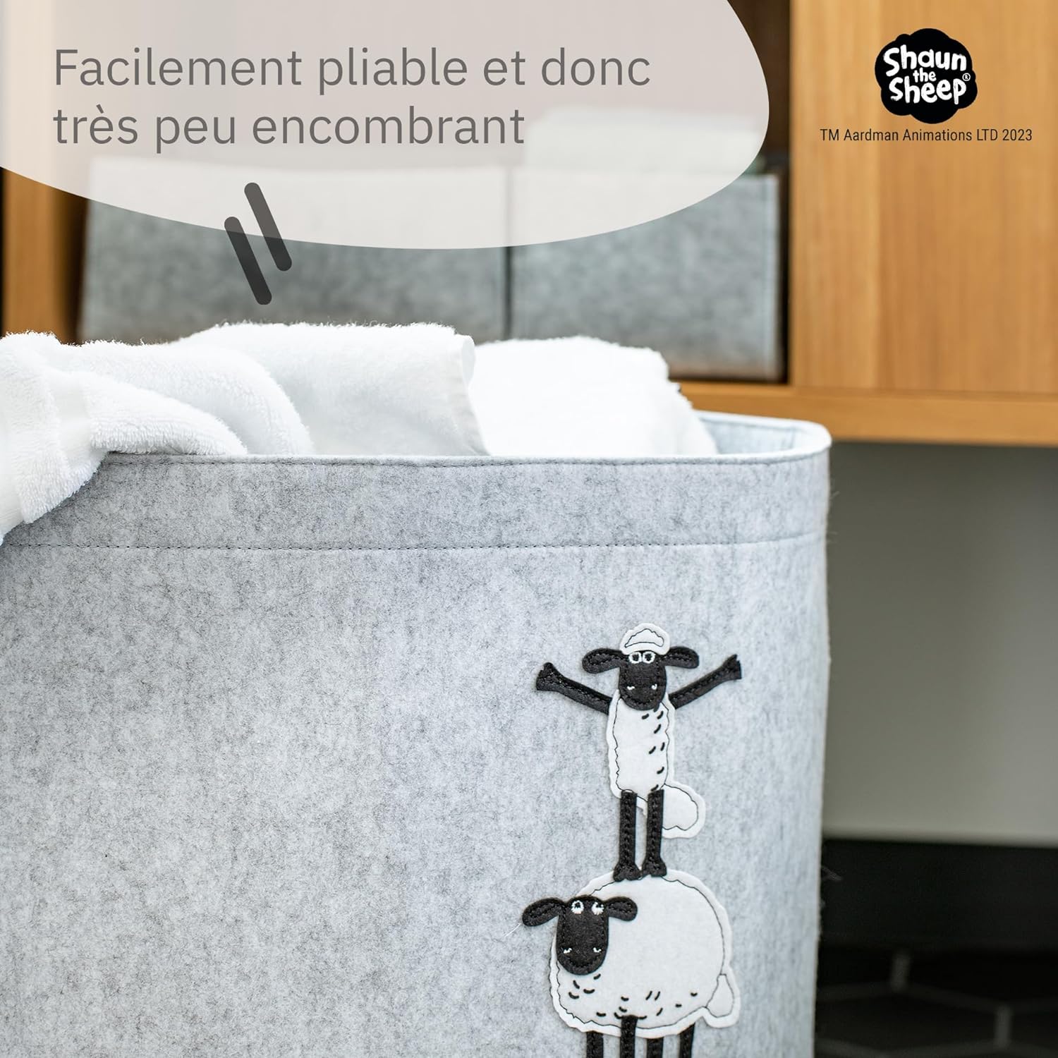 Panier à linge sale gris en feutre motif 4 moutons Lifeney Shaun le mouton Fackelmann - Mathon - 6