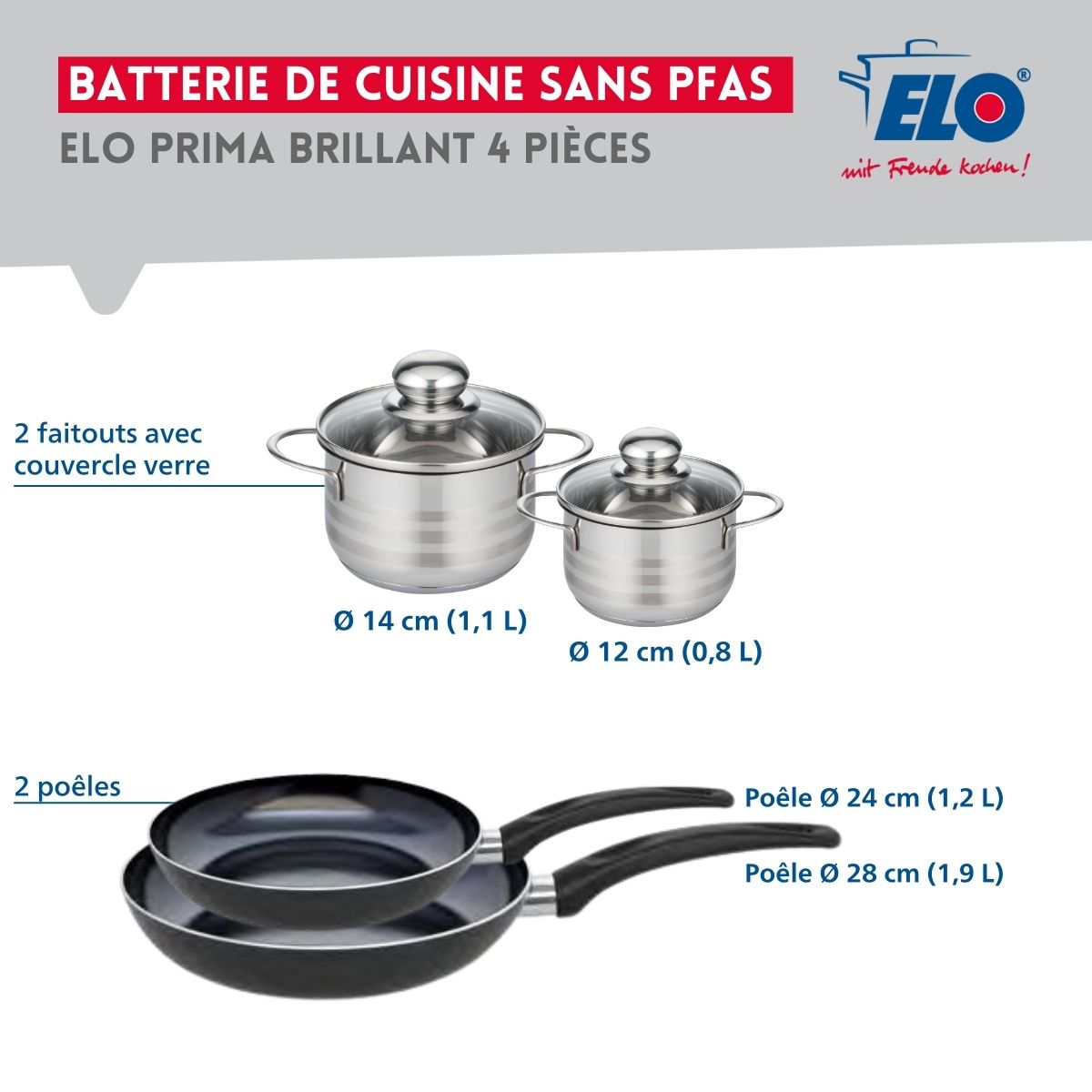Ensemble de 2 Poêles de cuisson 24 et 28 cm et 2 faitouts 12 et 14 cm  Prima Brillant Elo - Mathon - 2