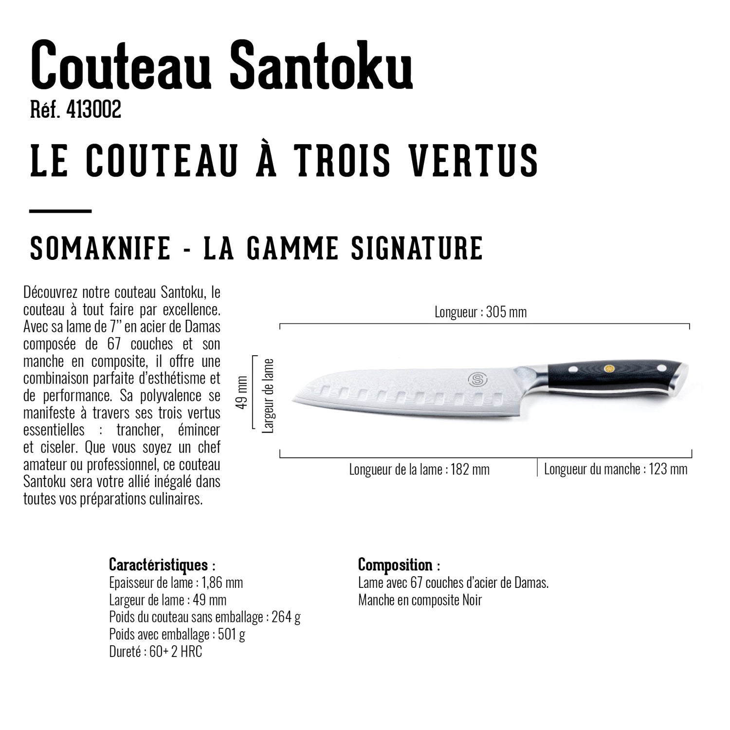Couteau SANTOKU 7 pouces, Gamme Signature Somagic - Mathon - 4