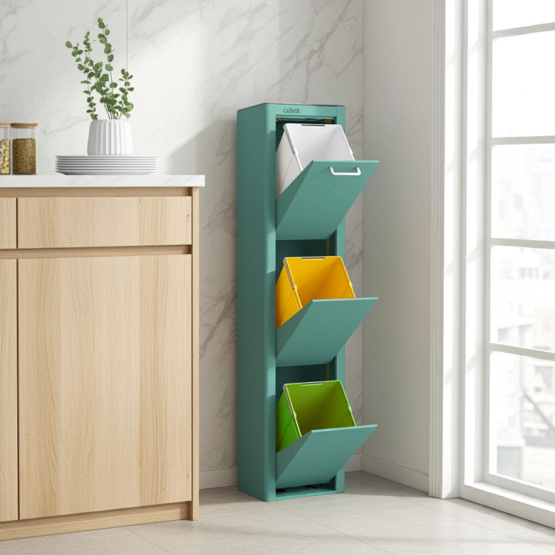 Poubelle cuisine de tri sélectif CUBEK, 3 compartiments de 20 litres, Turquoise Don Hierro - Mathon - 2