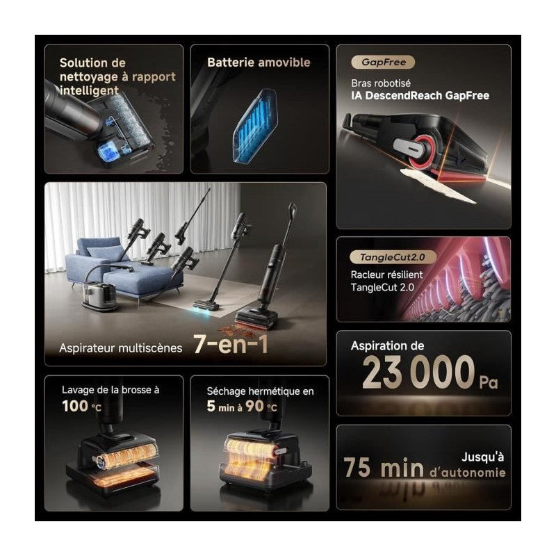 H15 Mix Aspirateur Laveur 7-en-1 - Bras Robotique Ia - Nettoyage Des Bords Triple - 23 Kpa - Lavage Brosse A L