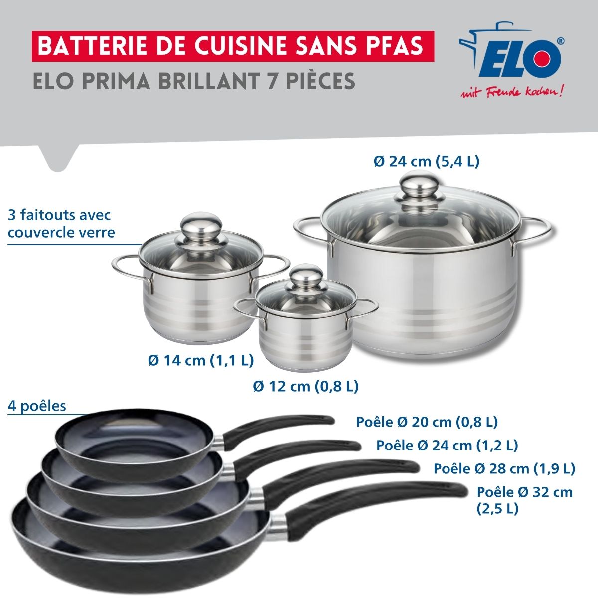 Ensemble de 4 Poêles de cuisson 20, 24, 28 et 32 cm et 3 faitouts 12, 14 et 24 cm  Prima Brillant Elo - Mathon - 2