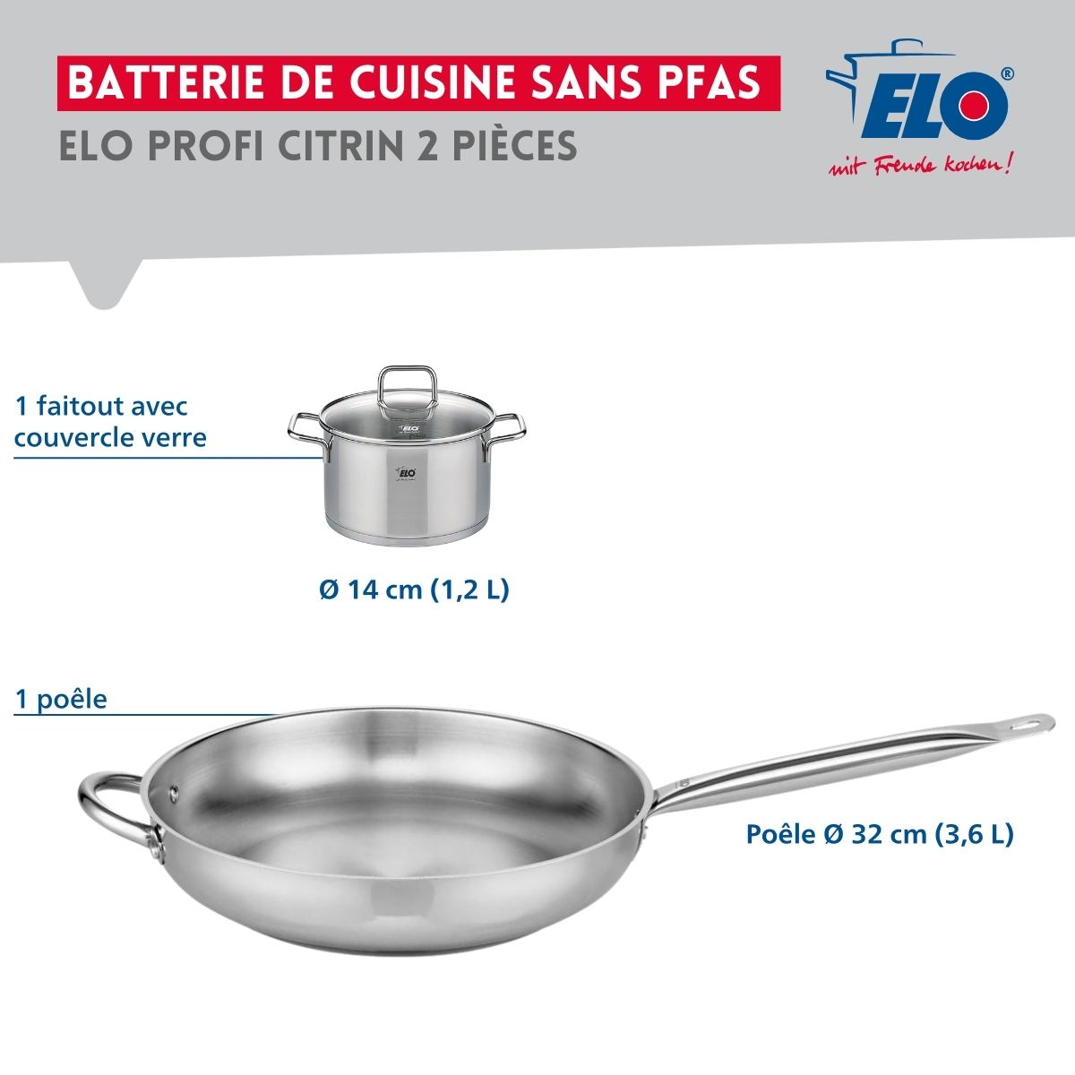 Ensemble de 1 Poêle de cuisson 32 cm et 1 faitout 14 cm  Profi Citrin Elo - Mathon - 2