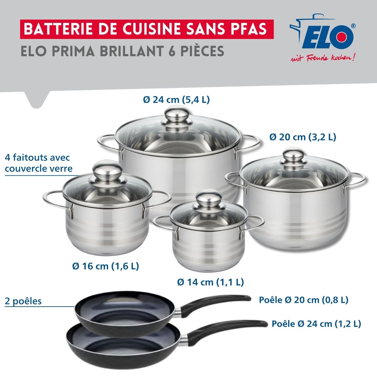 Ensemble de 2 Poêles de cuisson 20 et 24 cm et 4 faitouts 14, 16, 20 et 24 cm  Prima Brillant Elo - Mathon - 2