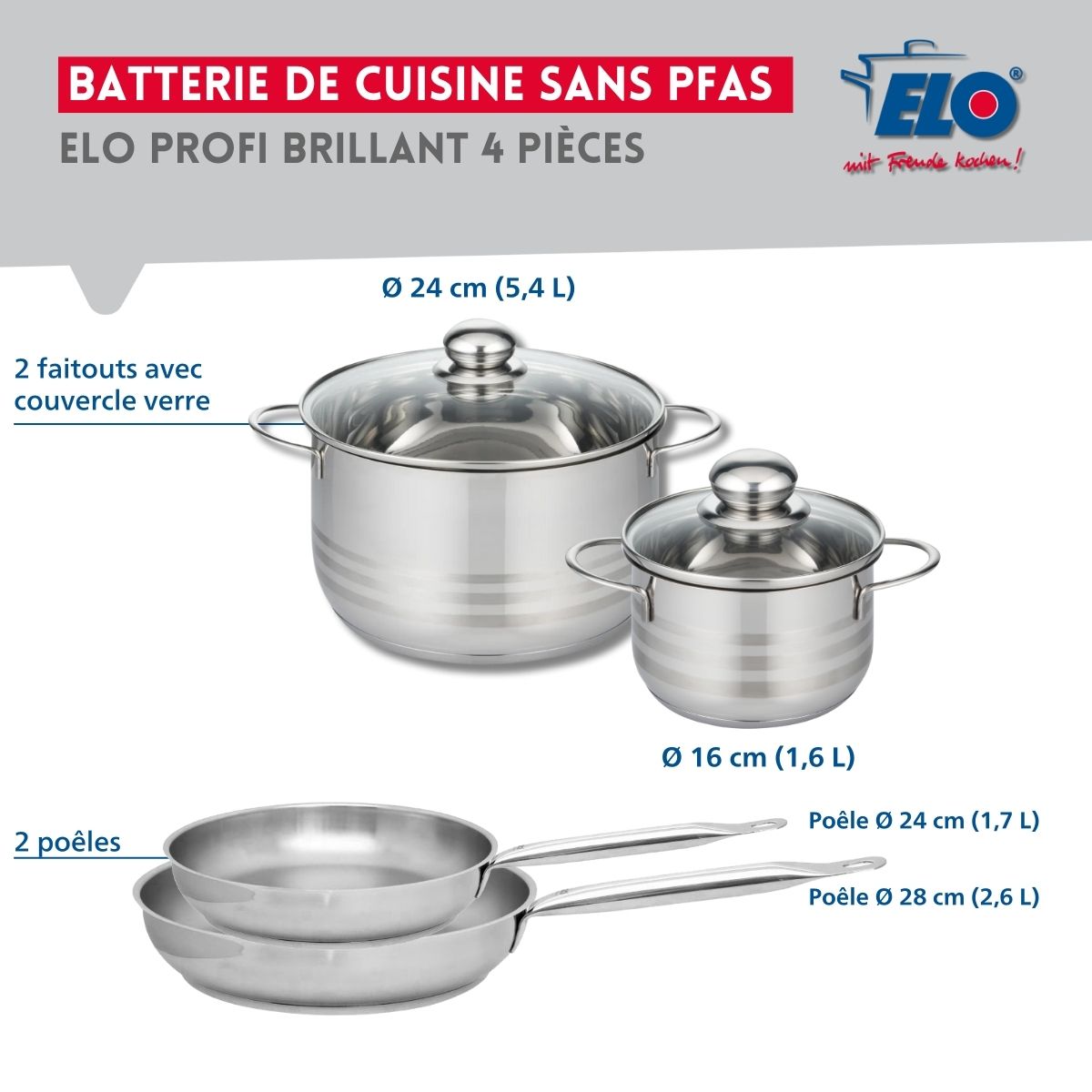 Ensemble de 2 Poêles de cuisson 24 et 28 cm et 2 faitouts 16 et 24 cm  Profi Brillant Elo - Mathon - 2