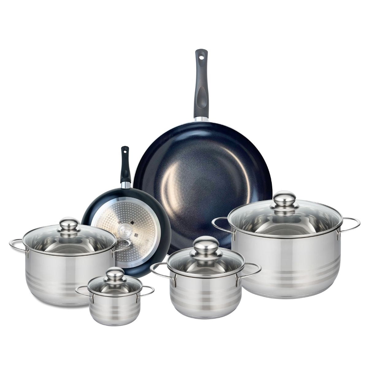 Ensemble de 2 Poêles de cuisson 20 et 32 cm et 4 faitouts 12, 16, 20 et 24 cm  Prima Brillant Elo - Mathon - 1