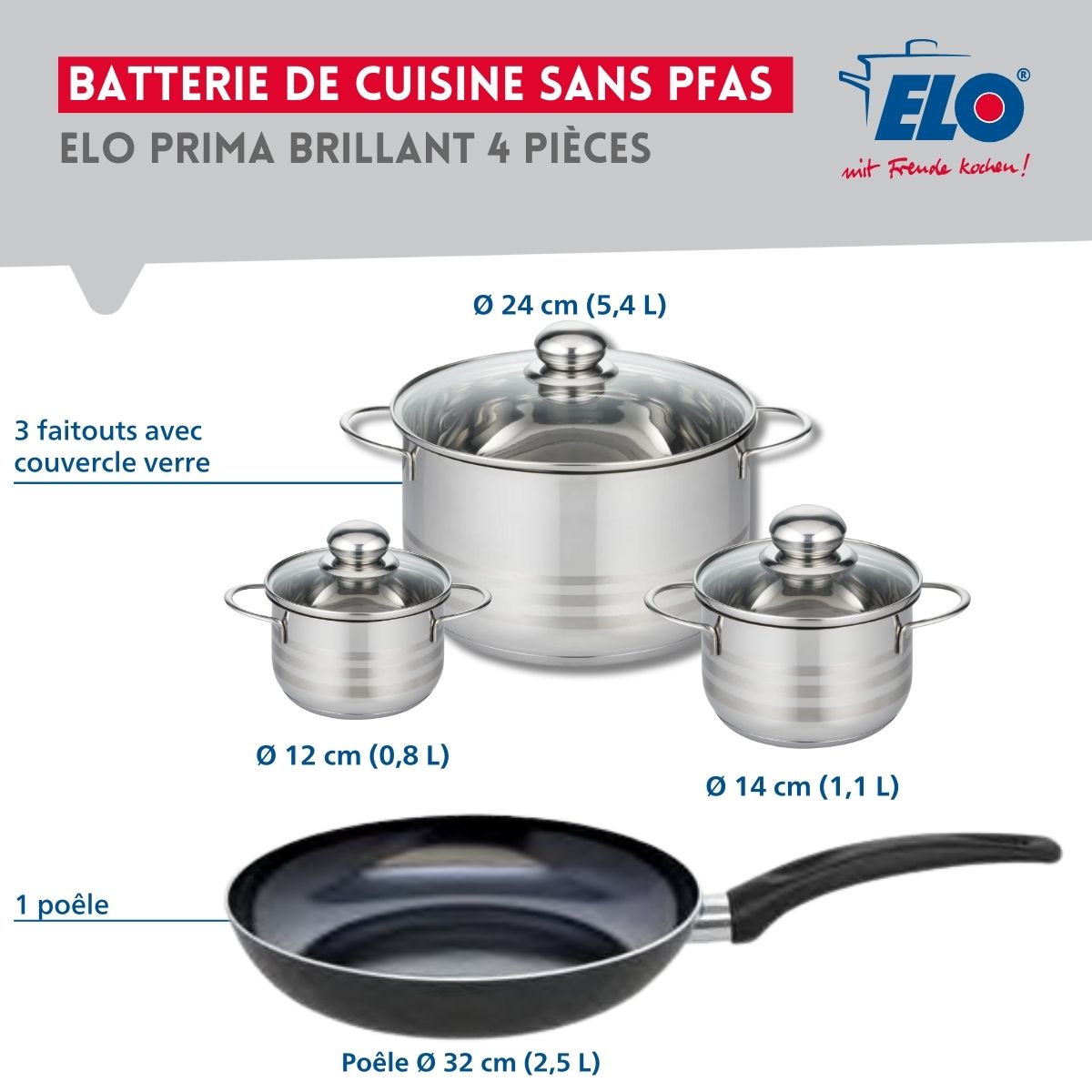 Ensemble de 1 Poêle de cuisson 32 cm et 3 faitouts 12, 14 et 24 cm  Prima Brillant Elo - Mathon - 2